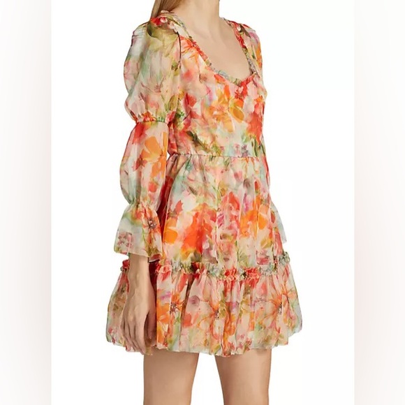 Abstract Floral Printed Chiffon Mini Dress - Melon - SIZE 8 - Picture 3 of 13